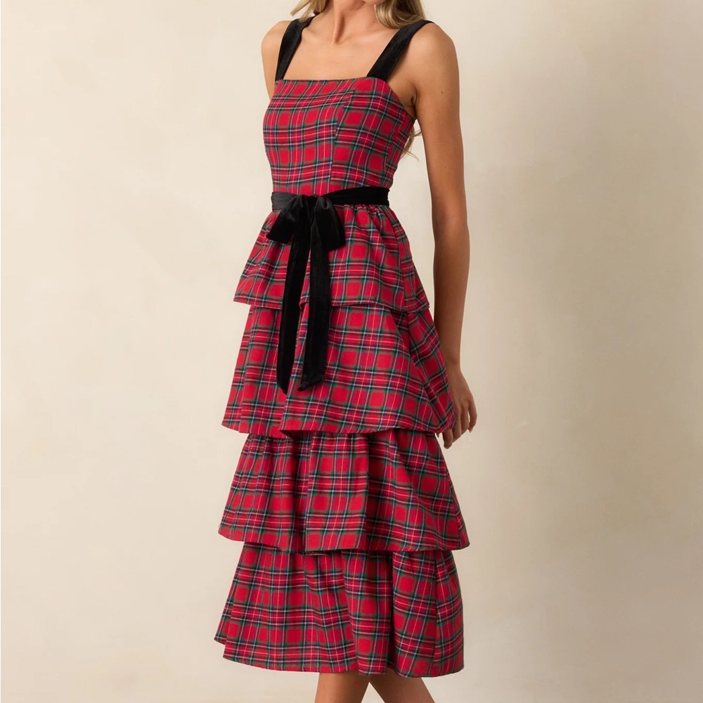 Elegance defined cotton red plaid tiered midi dress size small